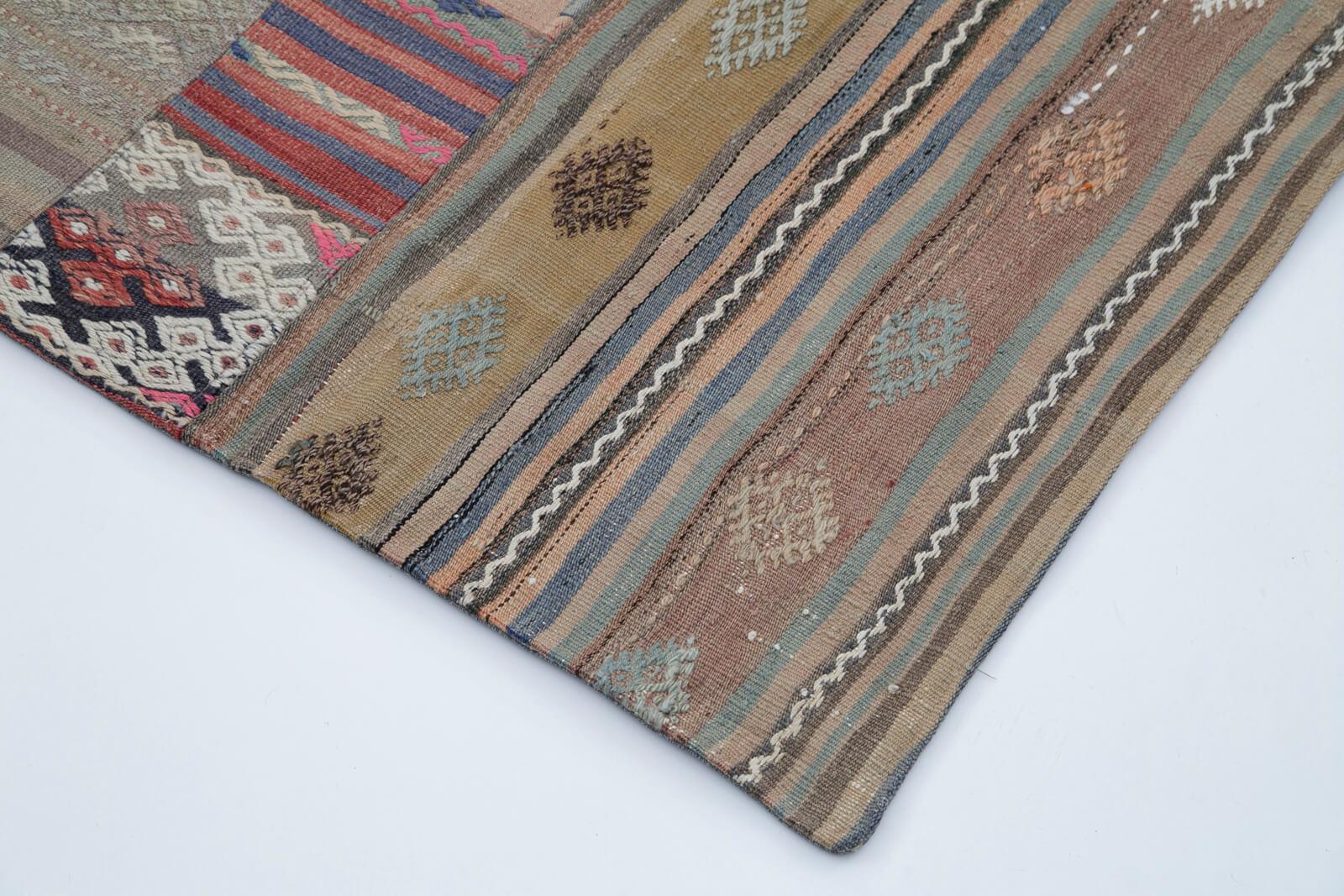Kırk Yama Kahverengi Patchwork Pamuk Yün El Dokuma Halısı 201x302 Agacan
