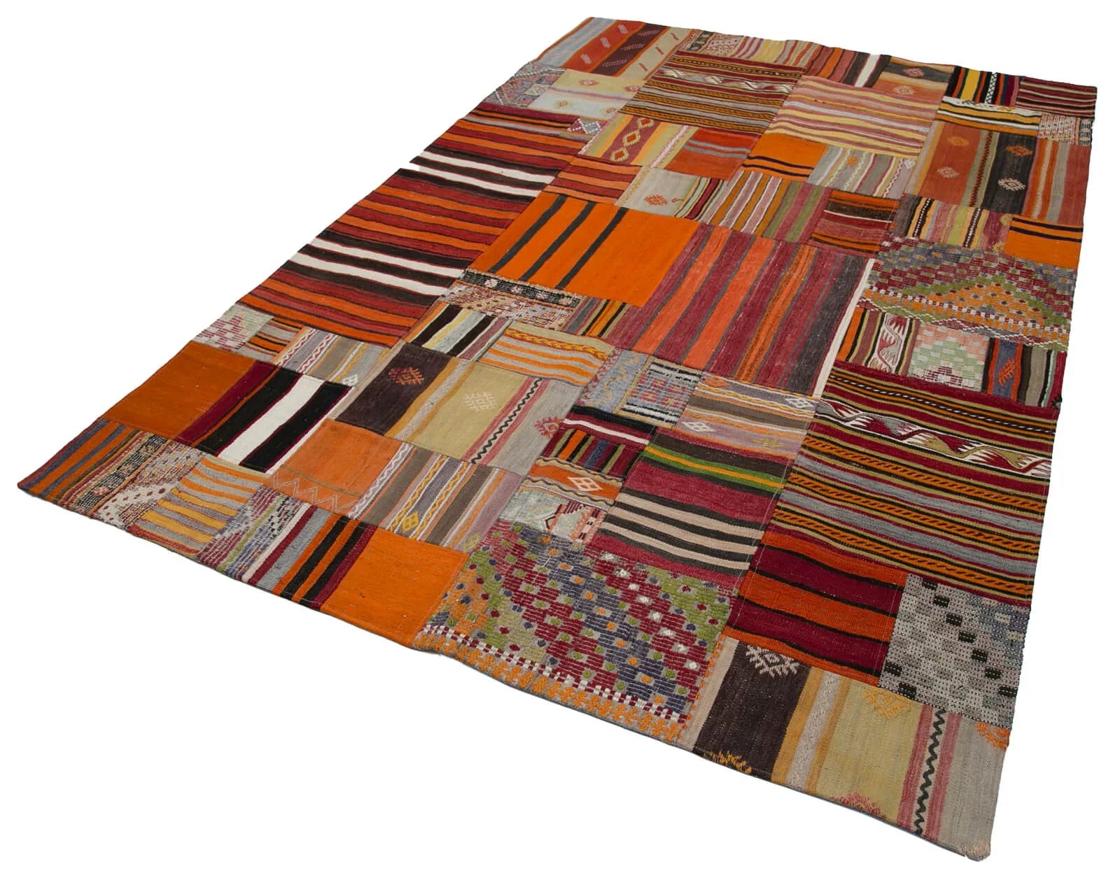 Kırk Yama Turuncu Patchwork Pamuk Yün El Dokuma Halısı 202x300 Agacan