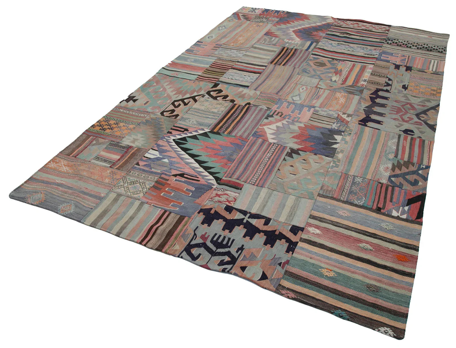 Kırk Yama Bej Patchwork Pamuk Yün El Dokuma Halısı 202x302 Agacan