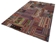Kırk Yama Bordo Patchwork Pamuk Yün El Dokuma Halısı 202x301 Agacan