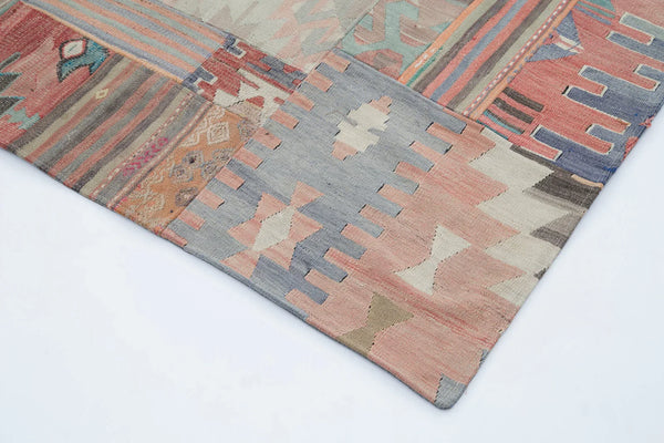 Kırk Yama Bej Patchwork Pamuk Yün El Dokuma Halısı 201x302 Agacan