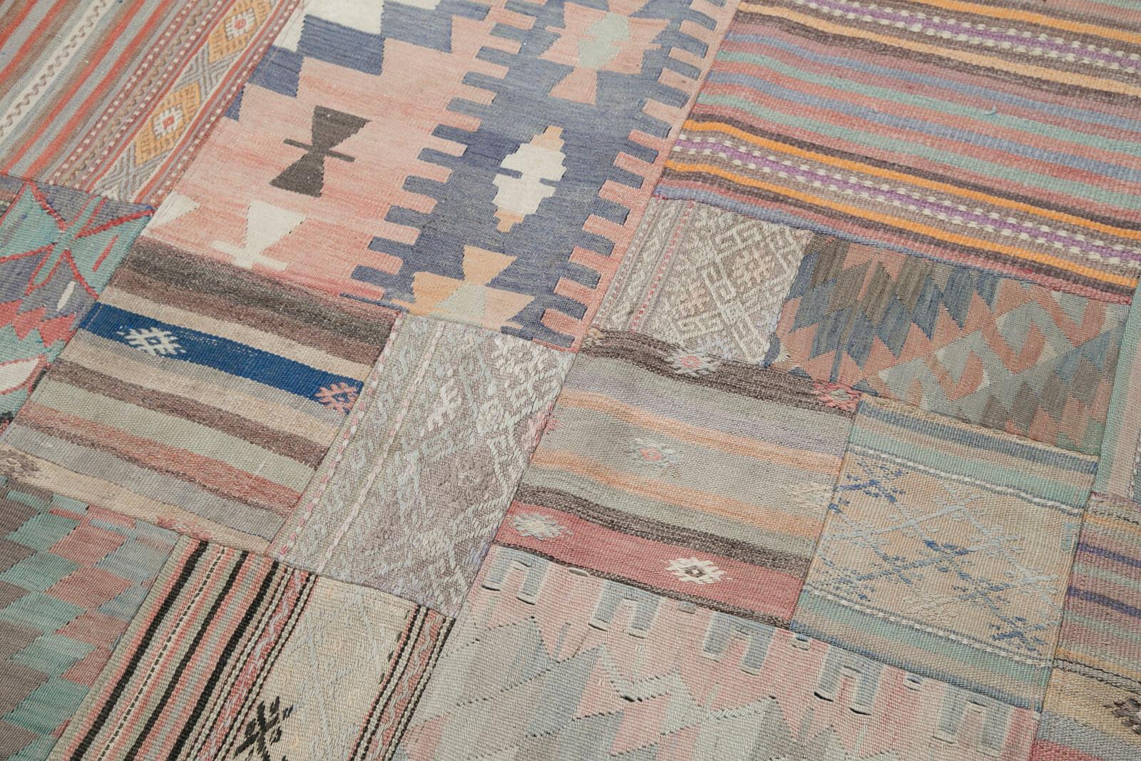 Kırk Yama Bej Patchwork Pamuk Yün El Dokuma Halısı 201x302 Agacan
