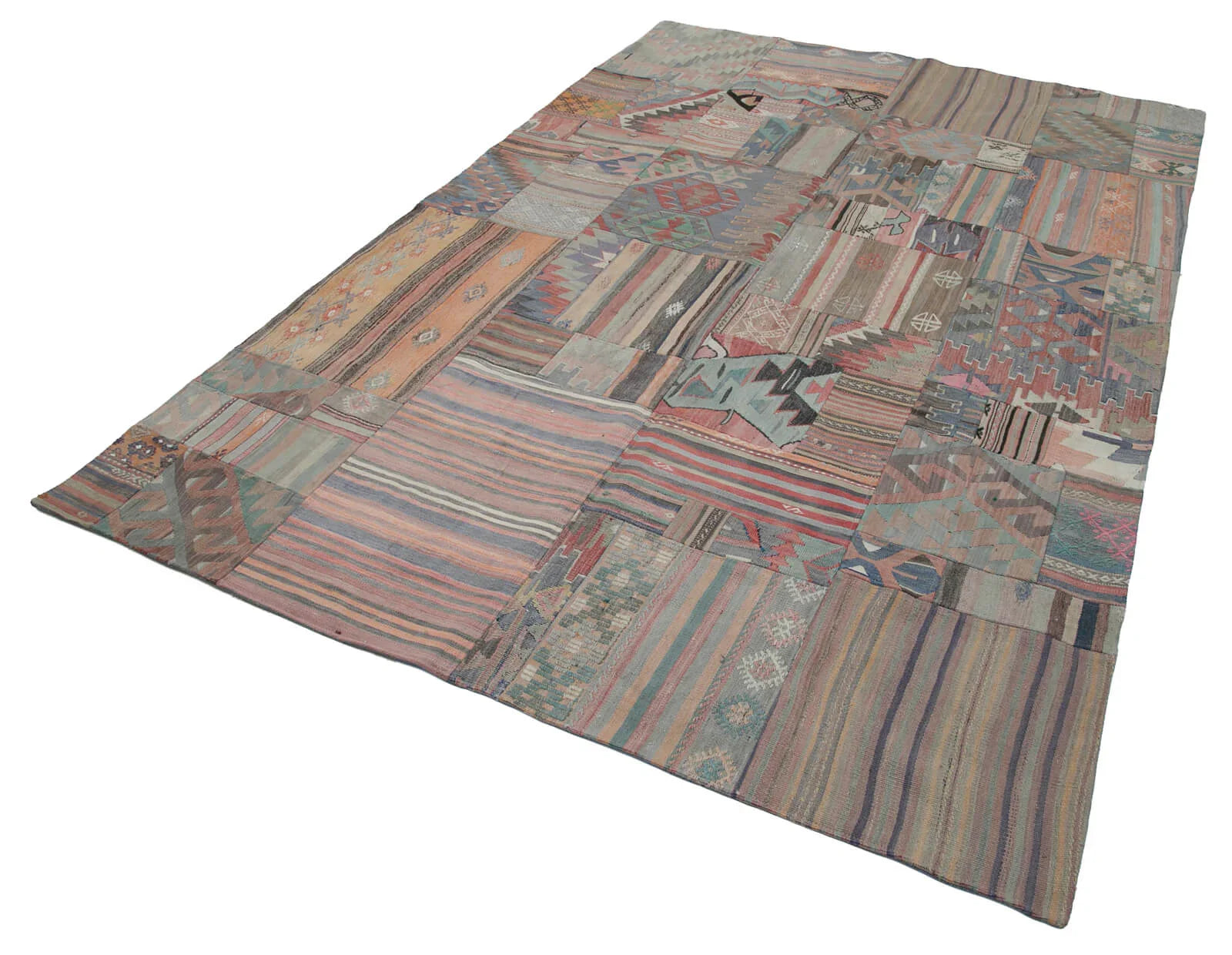Kırk Yama Bej Patchwork Pamuk Yün El Dokuma Halısı 202x300 Agacan