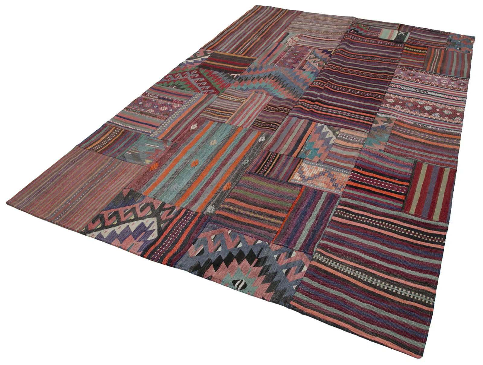 Kırk Yama Mor Patchwork Pamuk Yün El Dokuma Halısı 202x300 Agacan