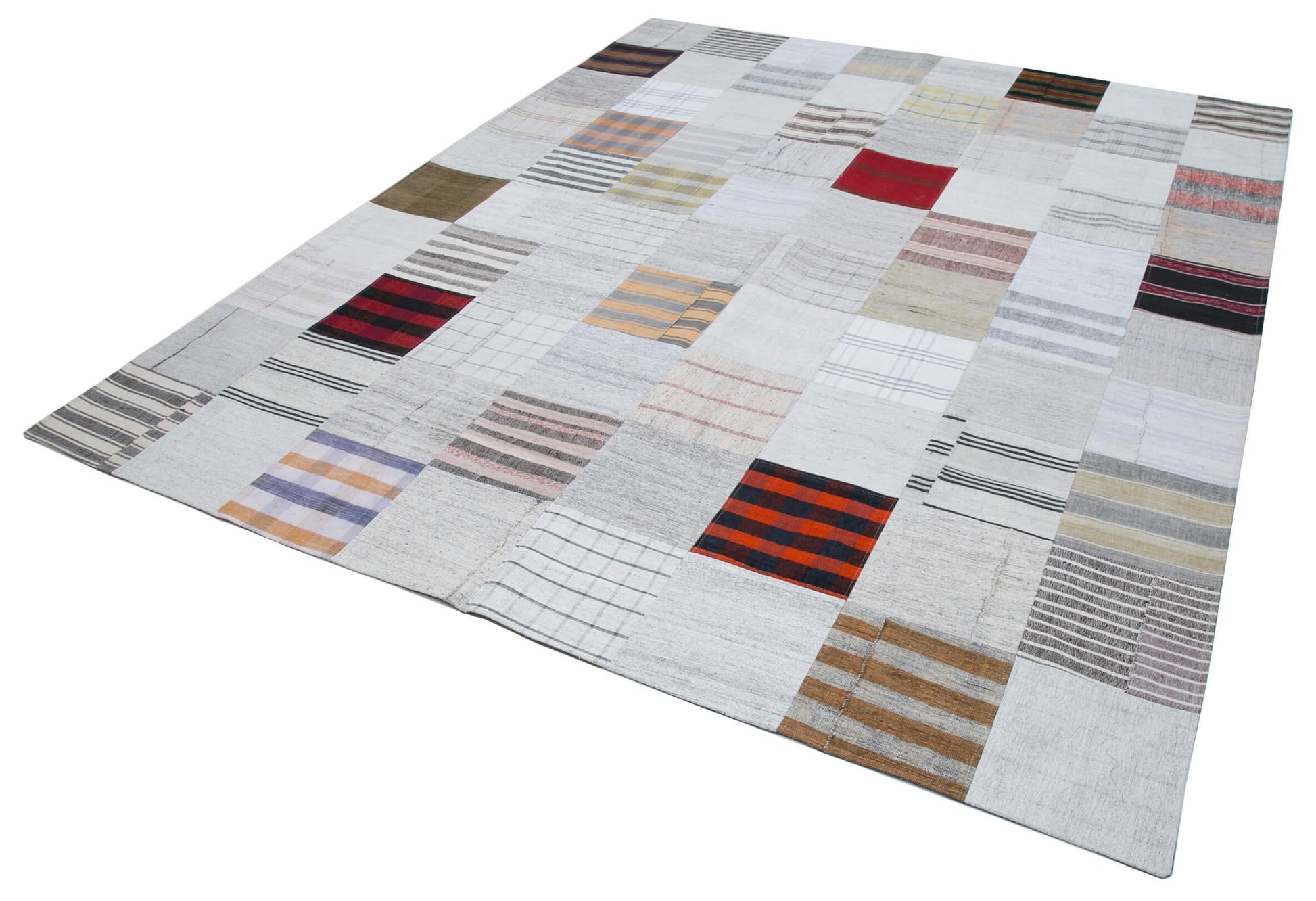 Kırk Yama Beyaz Patchwork Pamuk Yün El Dokuma Halısı 246x303 Agacan