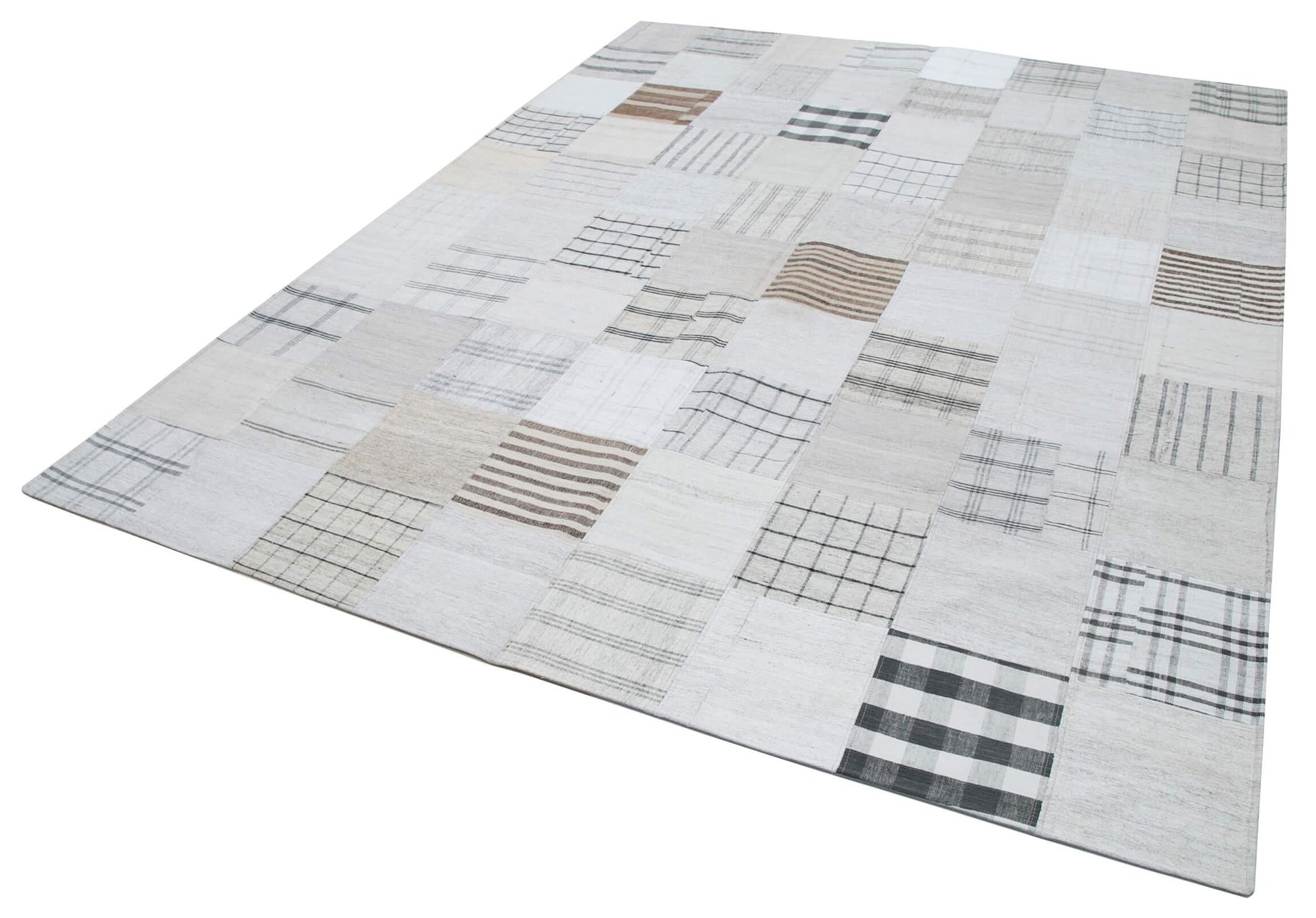 Kırk Yama Gri Patchwork Pamuk Yün El Dokuma Halısı 243x305 Agacan
