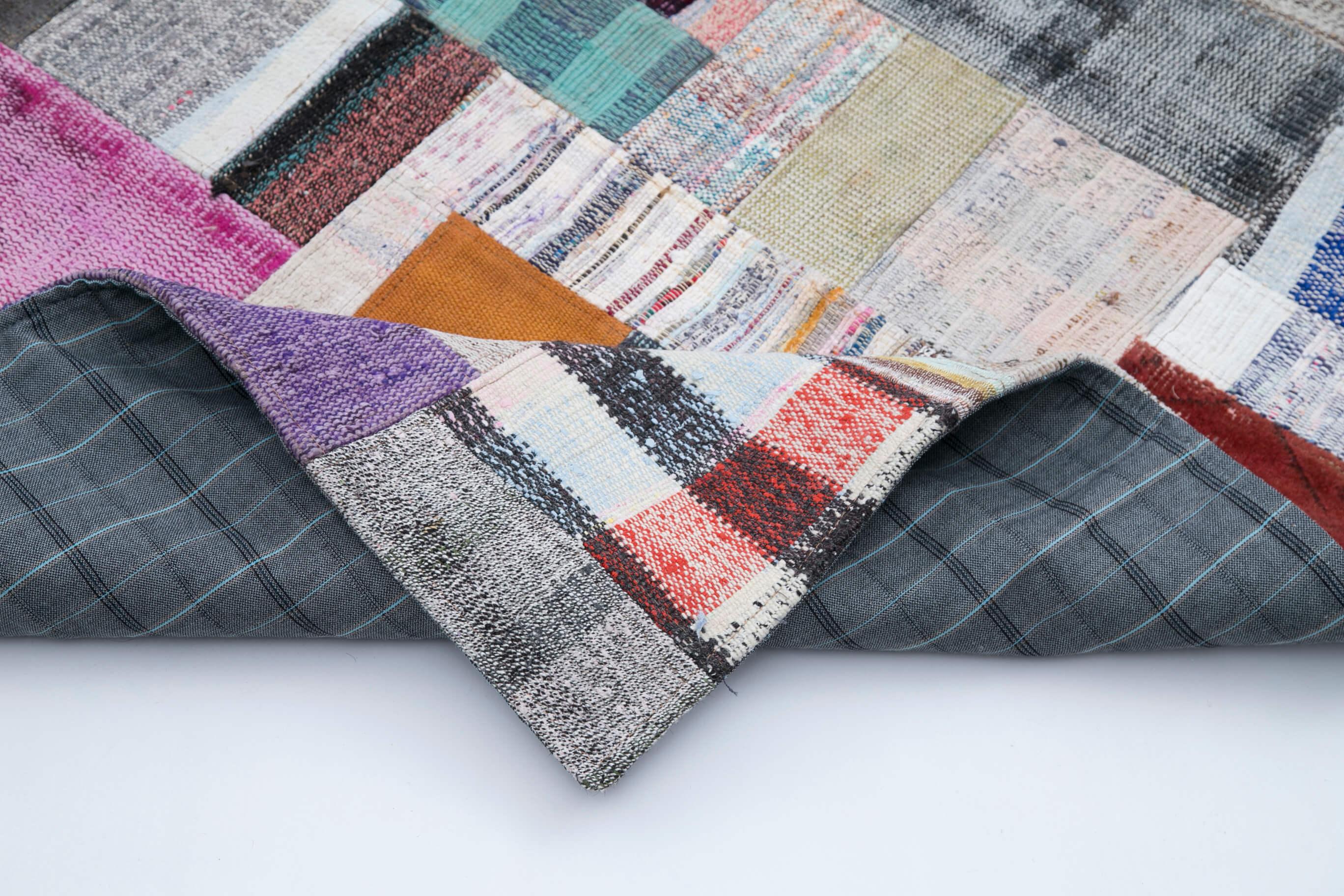 Kırk Yama Gri Patchwork Pamuk Yün El Dokuma Halısı 253x349 Agacan