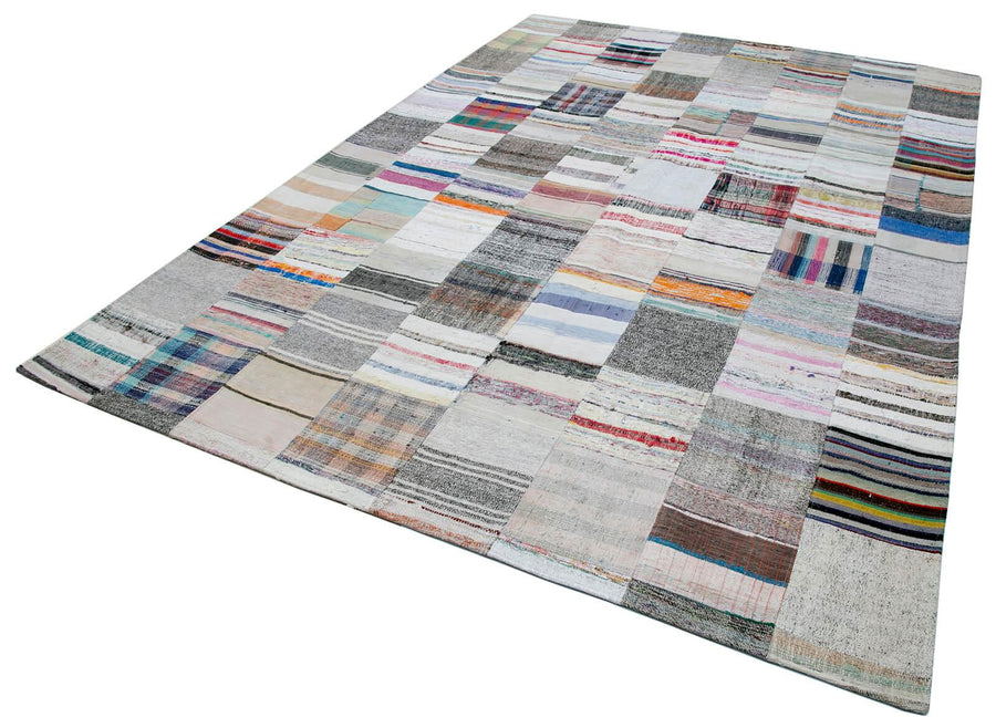 Kırk Yama Gri Patchwork Pamuk Yün El Dokuma Halısı 247x353 Agacan