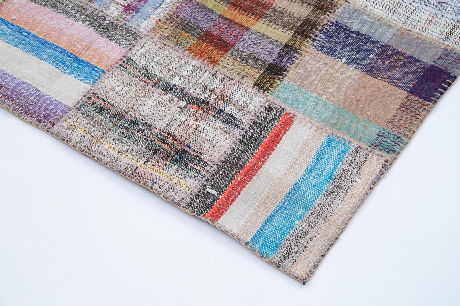 Kırk Yama Gri Patchwork Pamuk Yün El Dokuma Halısı 205x297 Agacan