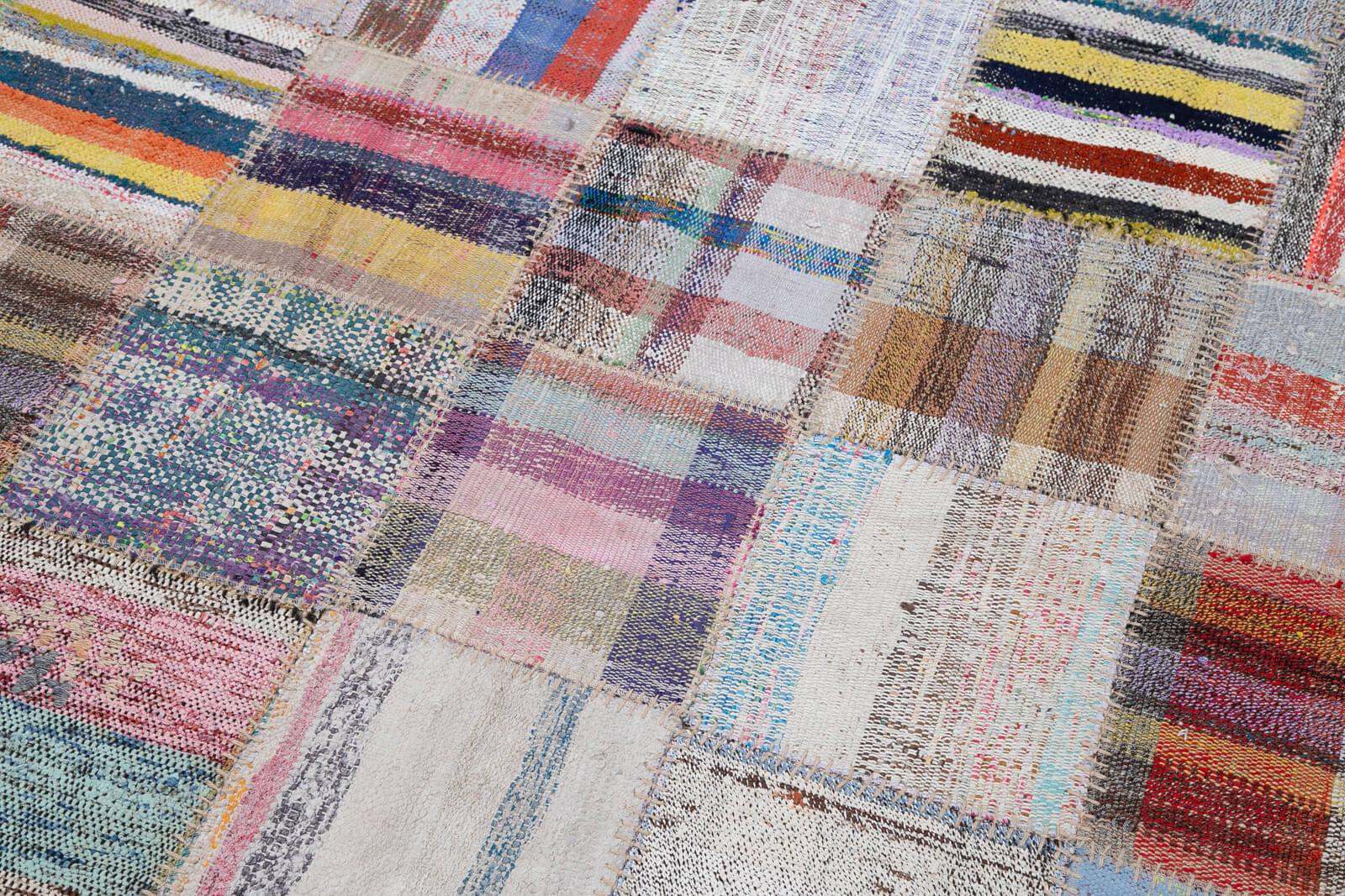 Kırk Yama Gri Patchwork Pamuk Yün El Dokuma Halısı 205x297 Agacan