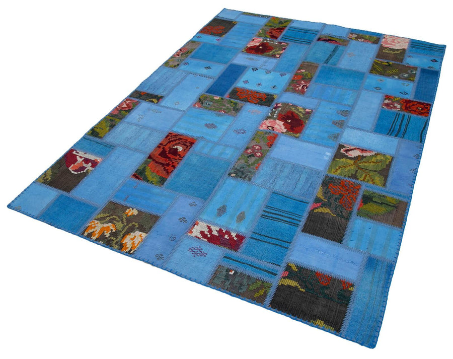 Kırk Yama Mavi Patchwork Pamuk Yün El Dokuma Halısı 168x234 Agacan