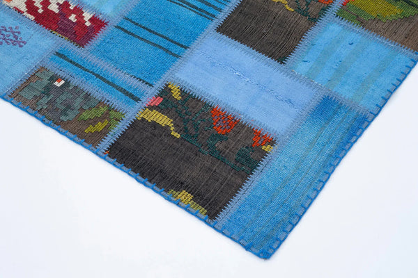 Kırk Yama Mavi Patchwork Pamuk Yün El Dokuma Halısı 168x234 Agacan