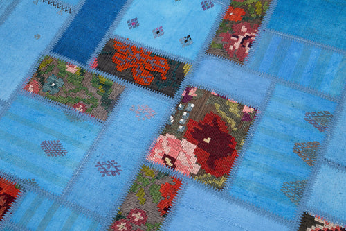 Kırk Yama Mavi Patchwork Pamuk Yün El Dokuma Halısı 168x234 Agacan