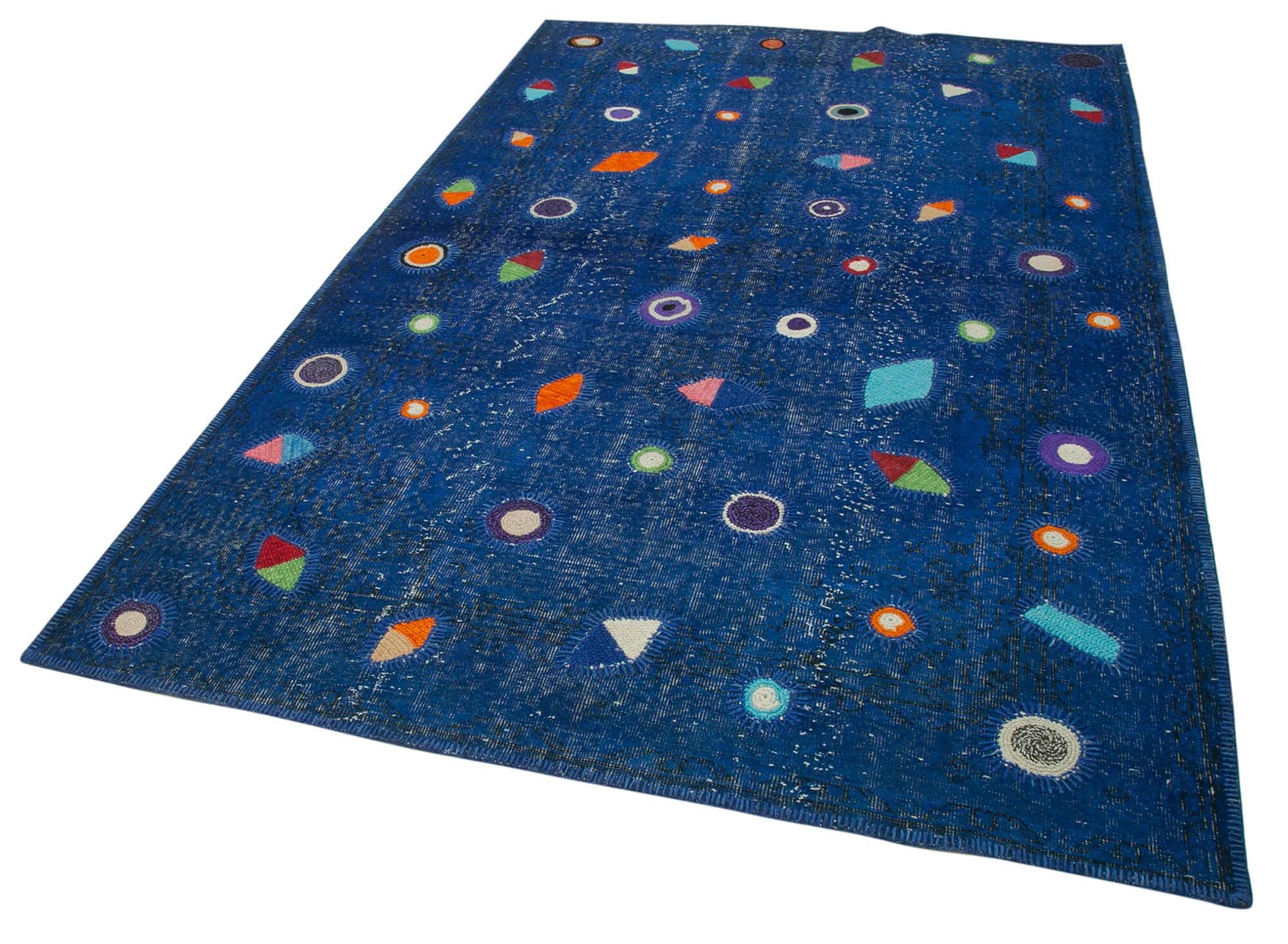 Kırk Yama Mavi Patchwork Pamuk Yün El Dokuma Halısı 171x271 Agacan