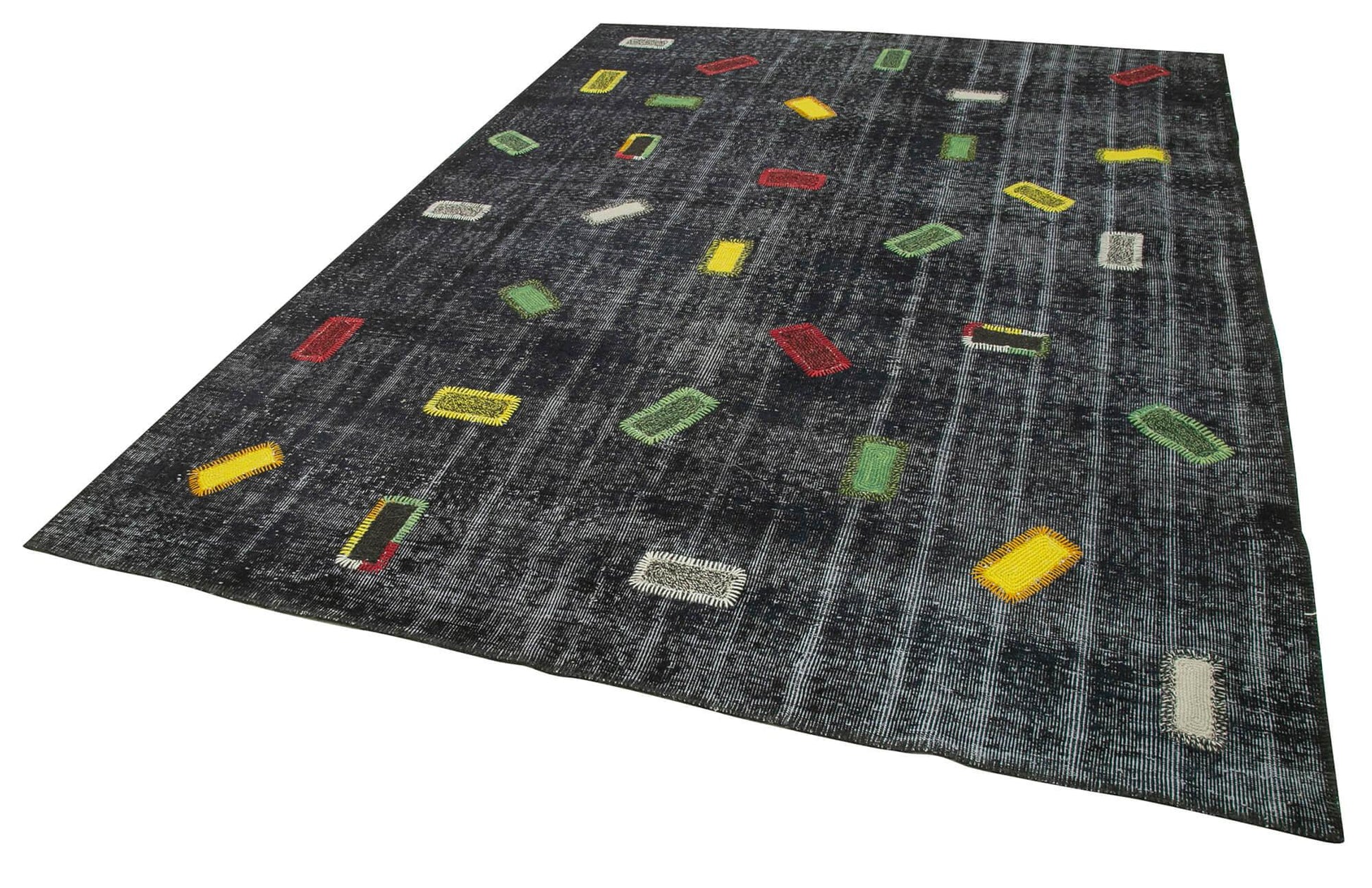 Kırk Yama Siyah Patchwork Pamuk Yün El Dokuma Halısı 220x301 Agacan