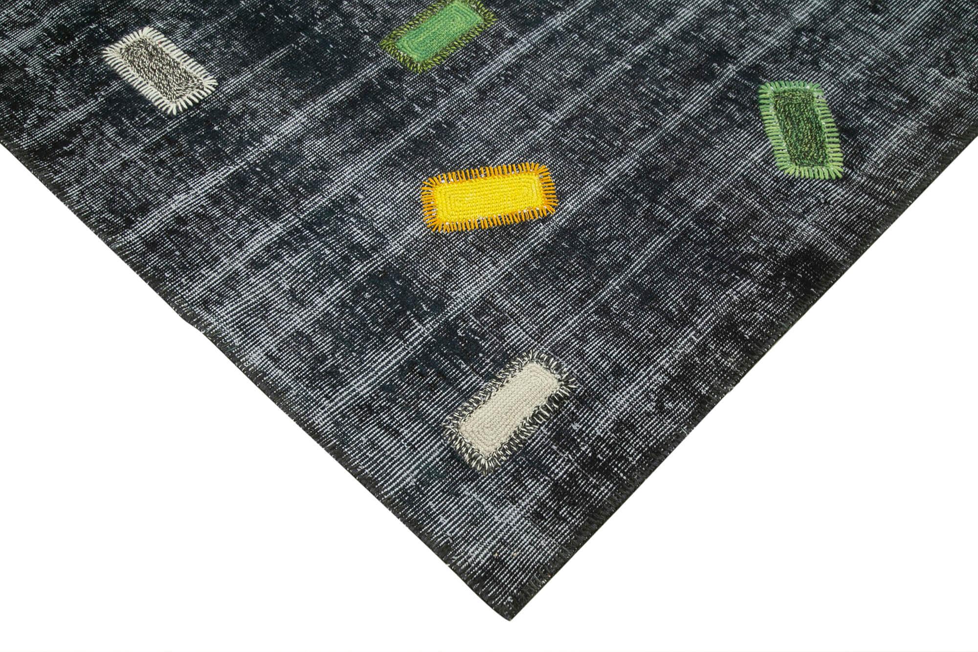 Kırk Yama Siyah Patchwork Pamuk Yün El Dokuma Halısı 220x301 Agacan