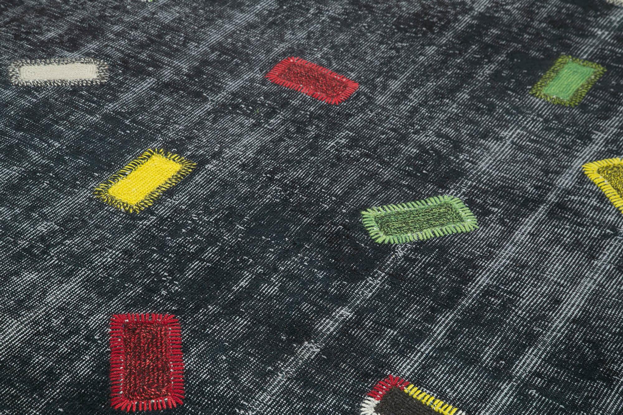 Kırk Yama Siyah Patchwork Pamuk Yün El Dokuma Halısı 220x301 Agacan