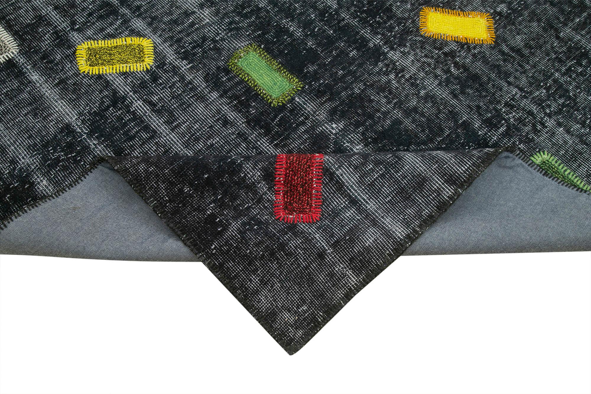 Kırk Yama Siyah Patchwork Pamuk Yün El Dokuma Halısı 220x301 Agacan