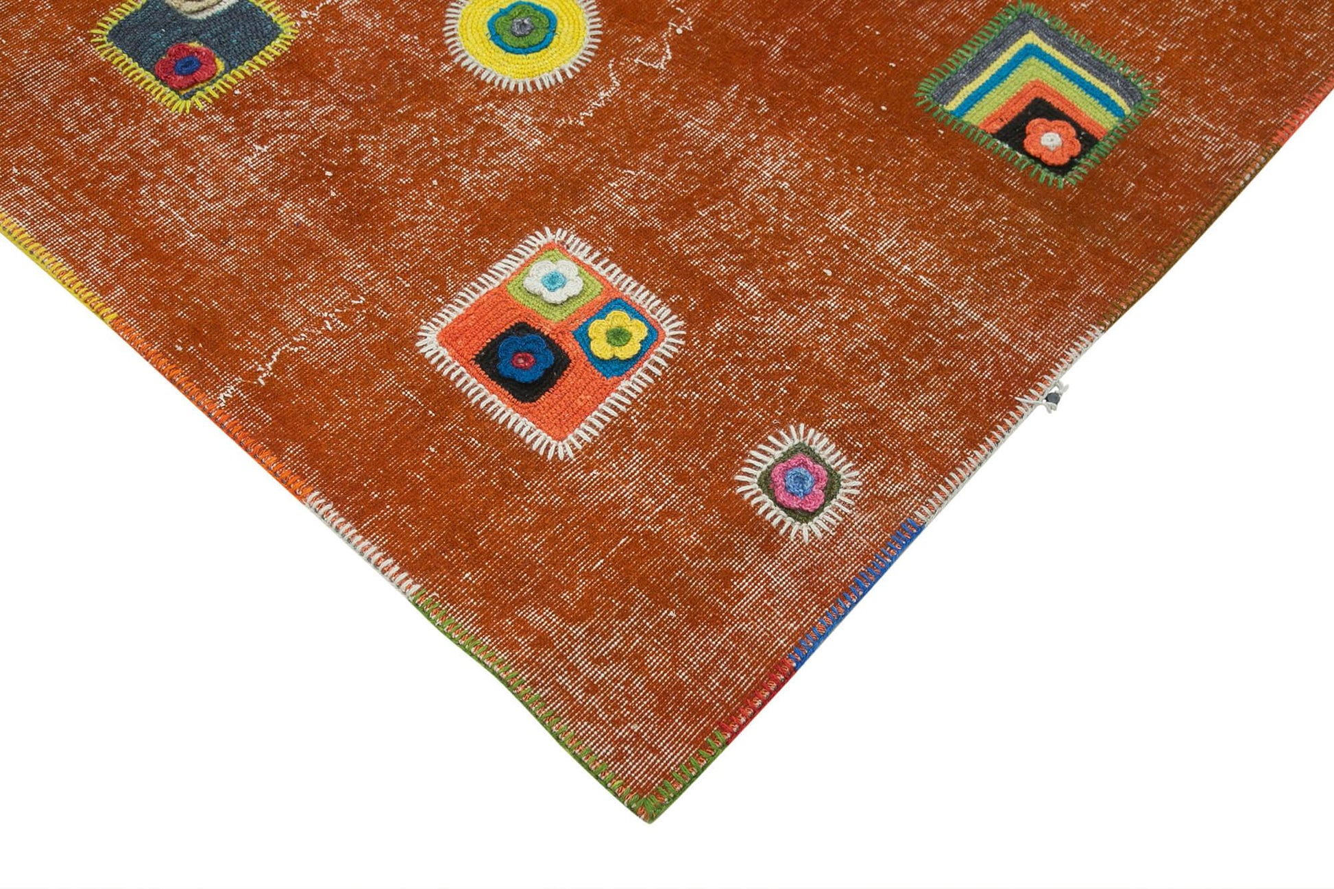 Kırk Yama Turuncu Patchwork Pamuk Yün El Dokuma Halısı 193x301 Agacan