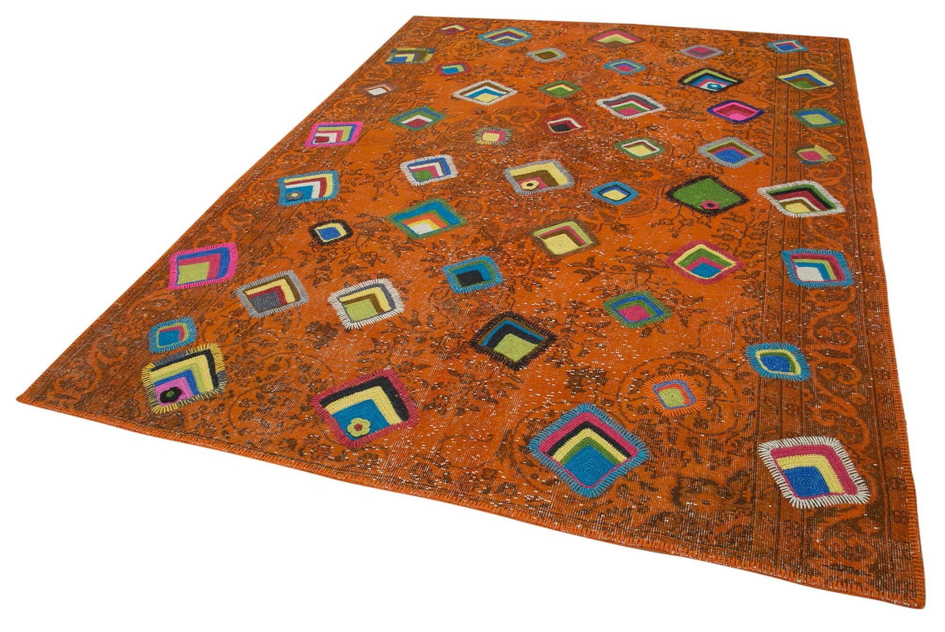 Kırk Yama Turuncu Patchwork Pamuk Yün El Dokuma Halısı 208x292 Agacan