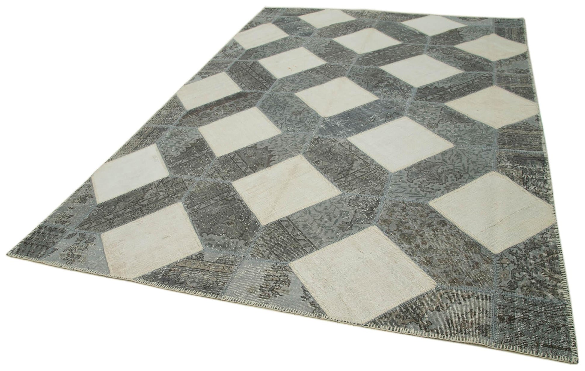 Kırk Yama Gri Patchwork Pamuk Yün El Dokuma Halısı 251x354 Agacan