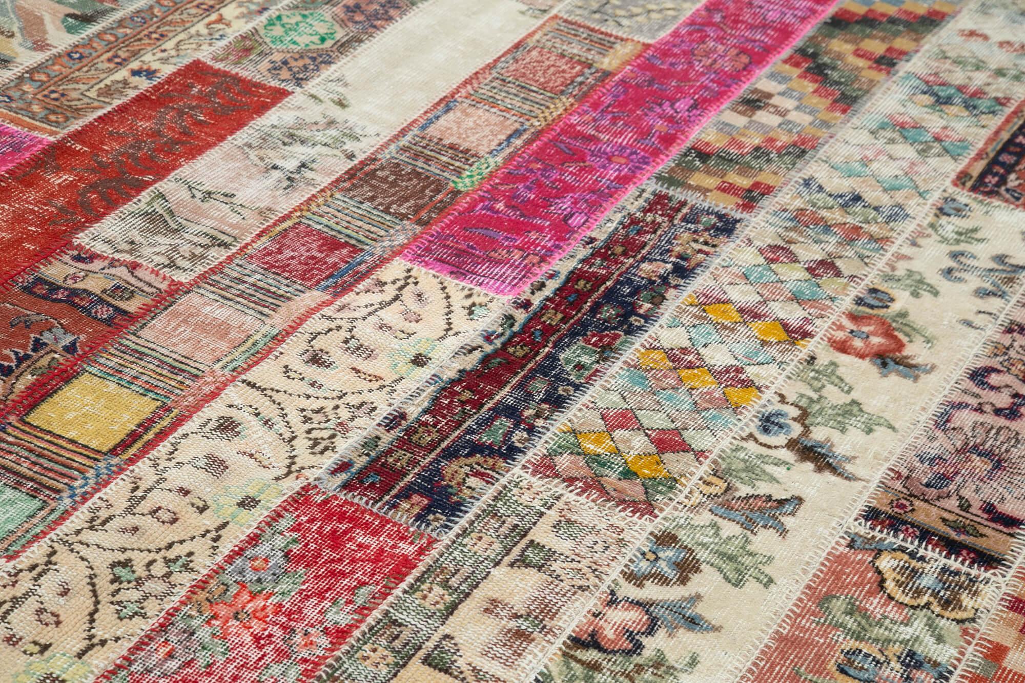 Kırk Yama Kırmızı Patchwork Pamuk Yün El Dokuma Halısı 205x305 Agacan
