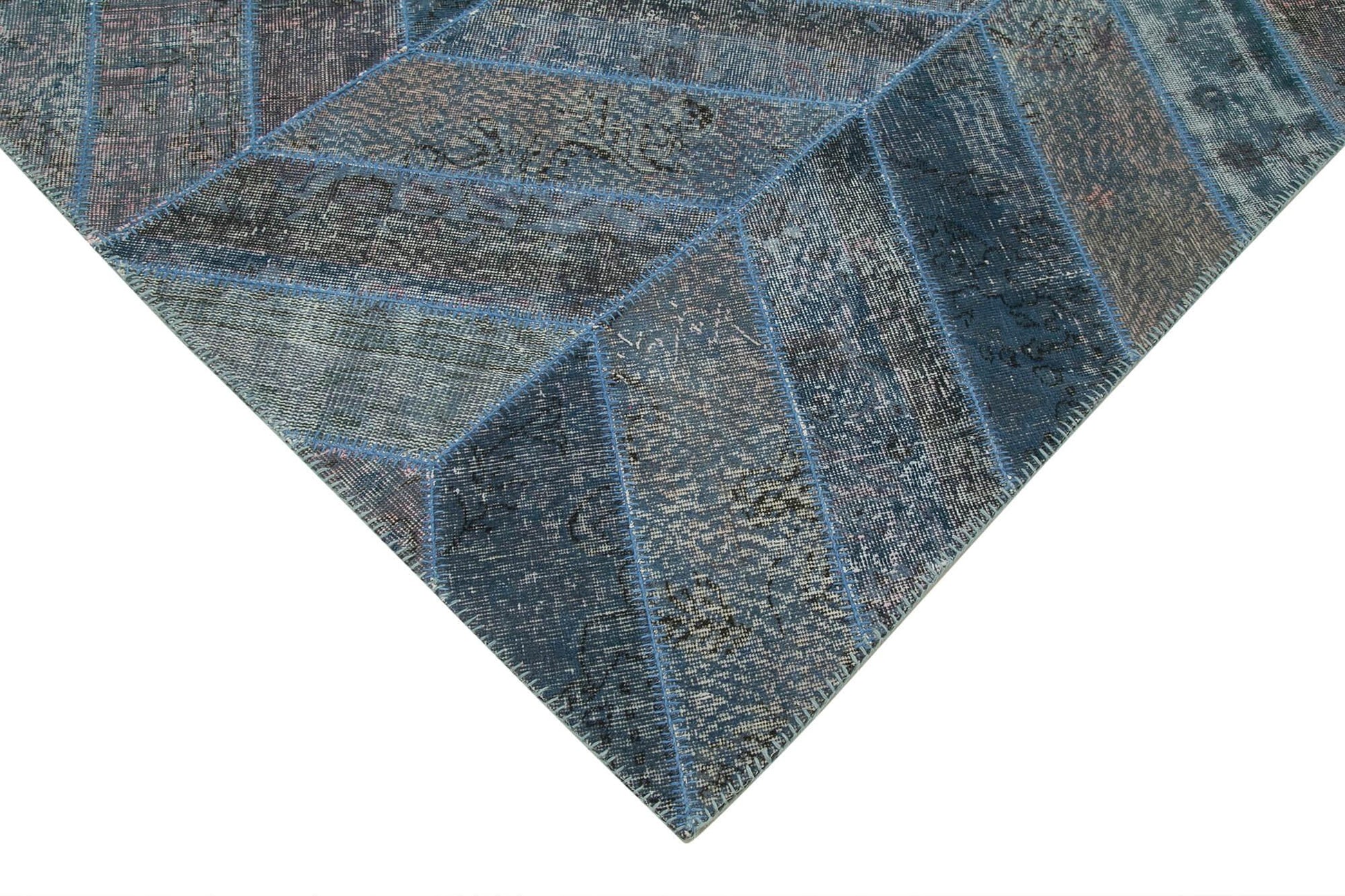 Kırk Yama Mavi Patchwork Pamuk Yün El Dokuma Halısı 198x300 Agacan