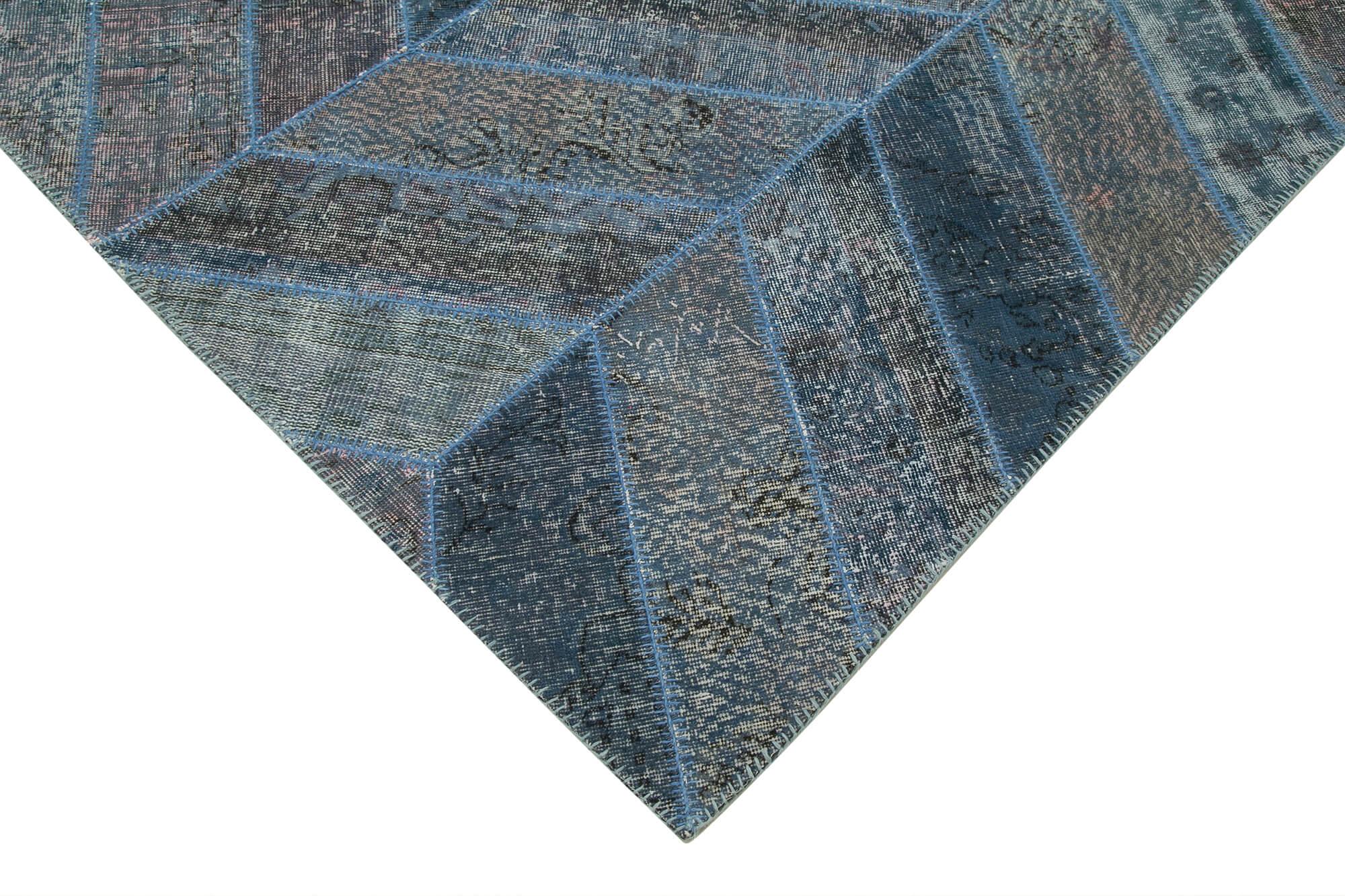 Kırk Yama Mavi Patchwork Pamuk Yün El Dokuma Halısı 198x300 Agacan