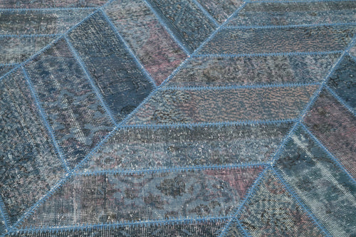 Kırk Yama Mavi Patchwork Pamuk Yün El Dokuma Halısı 198x300 Agacan