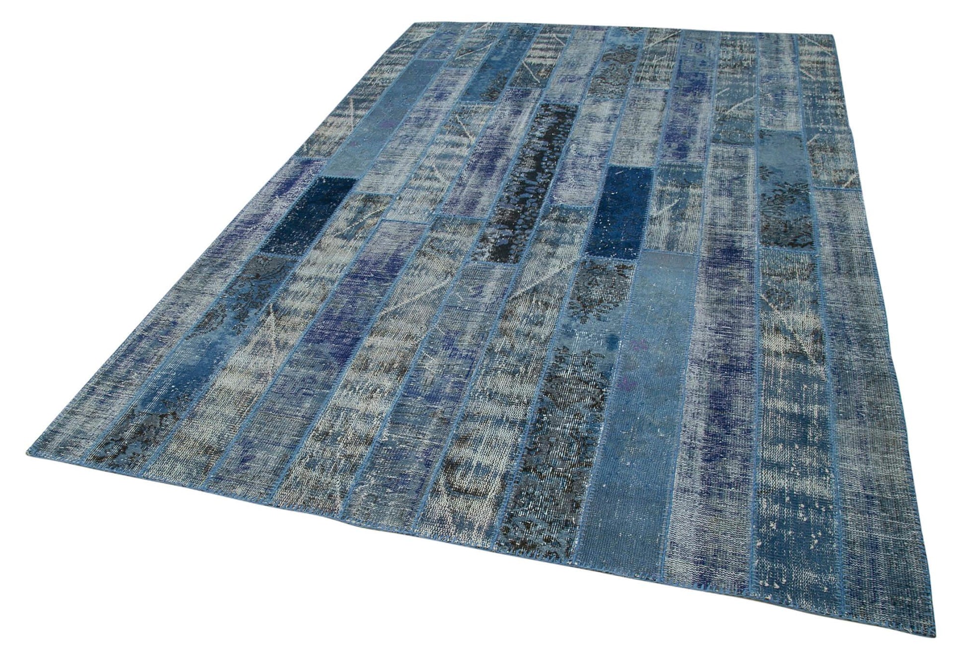 Kırk Yama Mavi Patchwork Pamuk Yün El Dokuma Halısı 194x300 Agacan