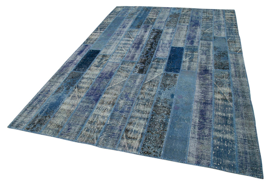 Kırk Yama Mavi Patchwork Pamuk Yün El Dokuma Halısı 194x300 Agacan