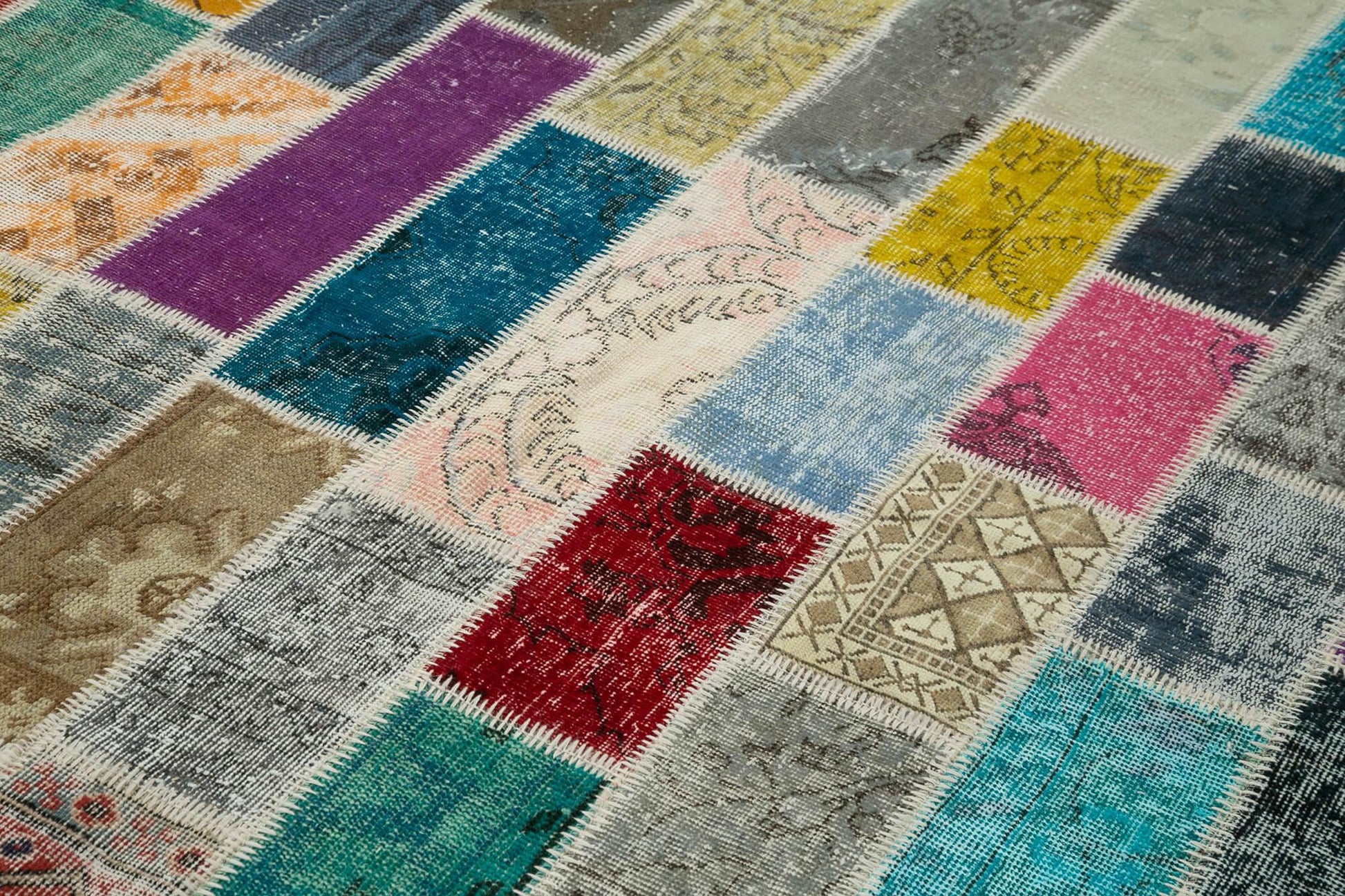 Kırk Yama Gri Patchwork Pamuk Yün El Dokuma Halısı 200x303 Agacan