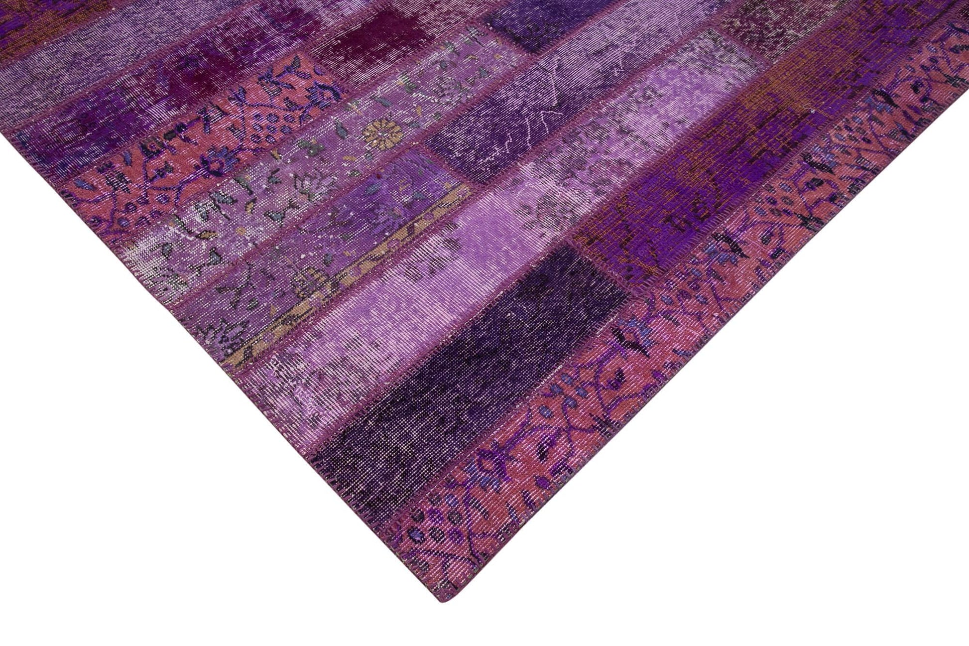 Kırk Yama Mor Patchwork Pamuk Yün El Dokuma Halısı 205x306 Agacan