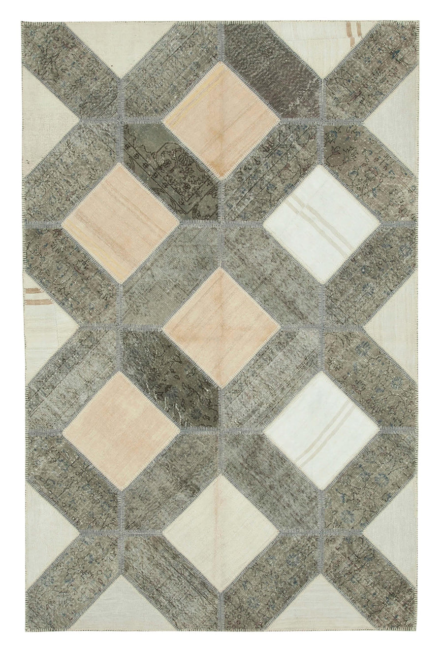 Kırk Yama Gri Patchwork Pamuk Yün El Dokuma Halısı 198x305 Agacan
