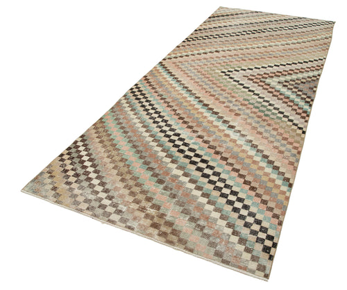 Checkered Runner Bej Geometrik Pamuk Yün El Dokuma Halısı 143x344 Agacan