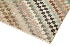 Checkered Runner Bej Geometrik Pamuk Yün El Dokuma Halısı 143x344 Agacan
