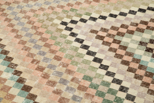 Checkered Runner Bej Geometrik Pamuk Yün El Dokuma Halısı 143x344 Agacan