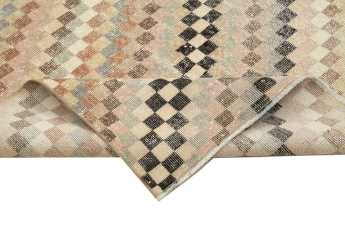 Checkered Runner Bej Geometrik Pamuk Yün El Dokuma Halısı 143x344 Agacan