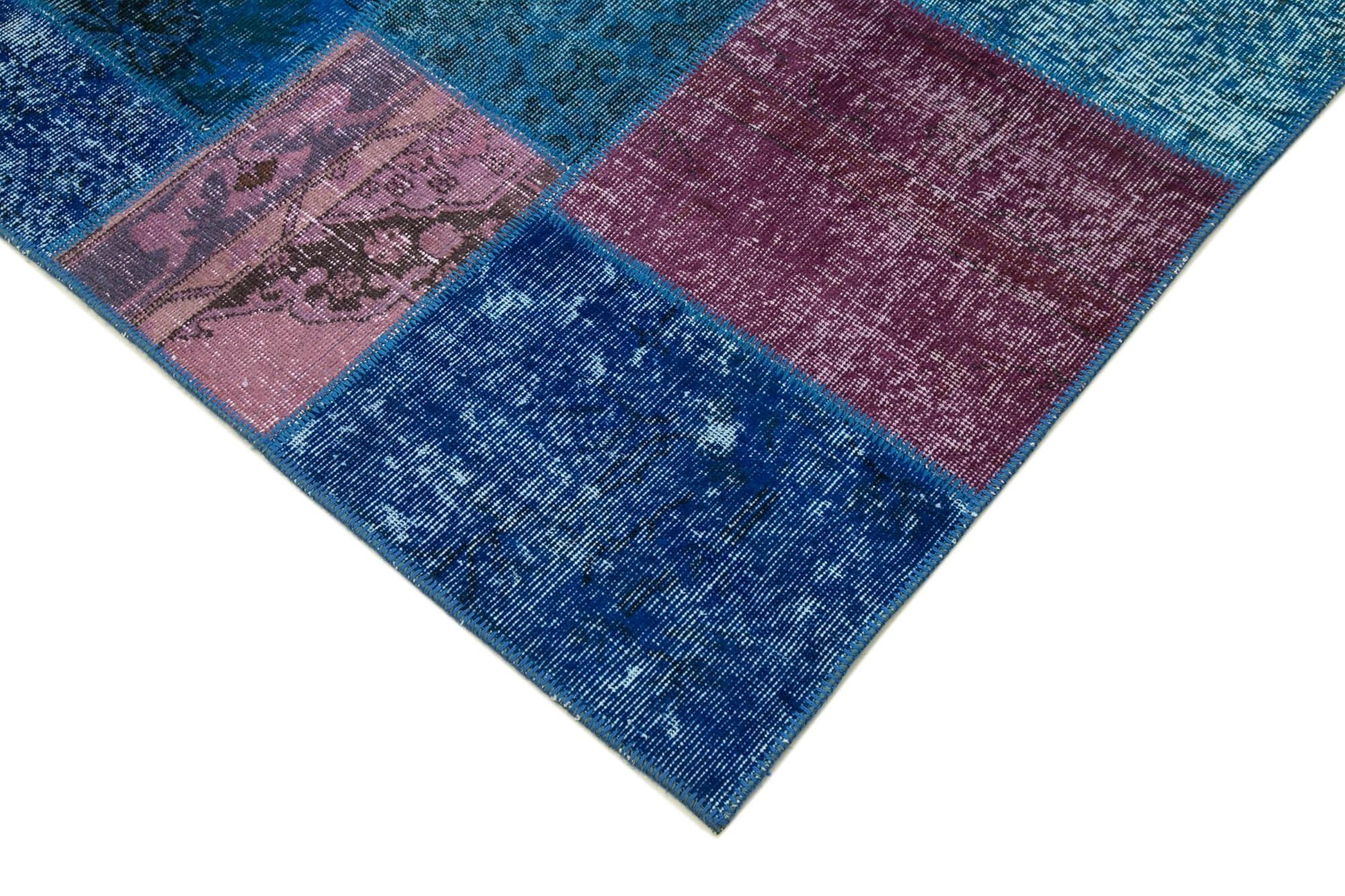 Kırk Yama Mavi Patchwork Pamuk Yün El Dokuma Halısı 202x300 Agacan