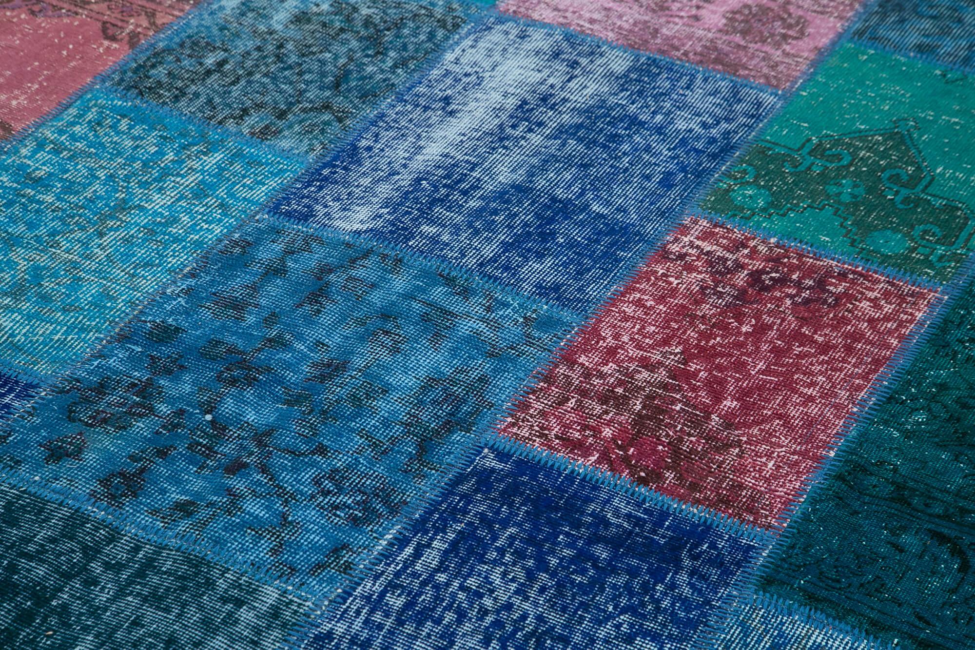 Kırk Yama Mavi Patchwork Pamuk Yün El Dokuma Halısı 202x300 Agacan