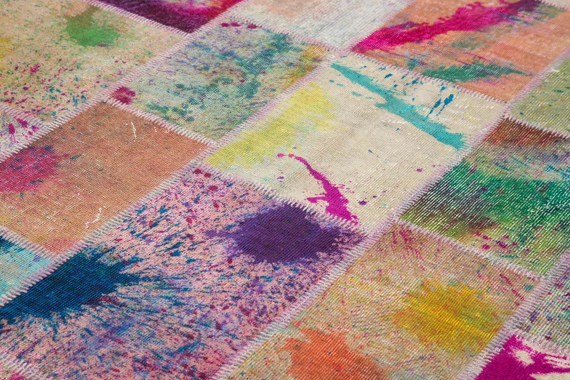 Kırk Yama Gri Patchwork Pamuk Yün El Dokuma Halısı 204x305 Agacan