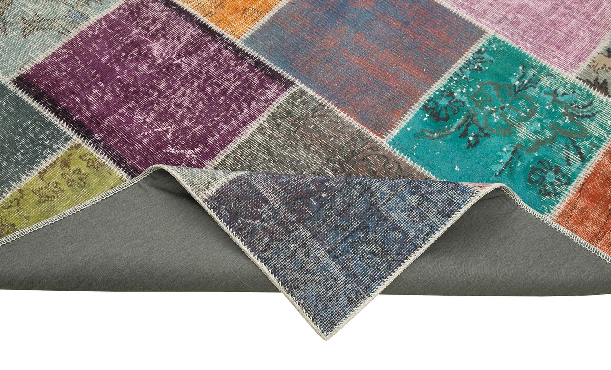 Kırk Yama Gri Patchwork Pamuk Yün El Dokuma Halısı 205x297 Agacan
