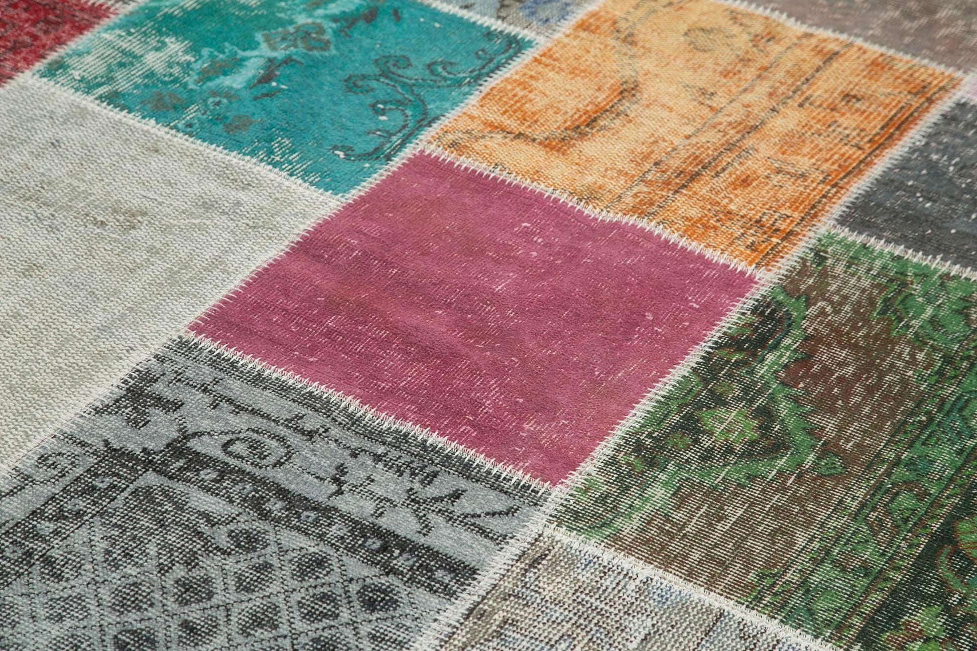 Kırk Yama Gri Patchwork Pamuk Yün El Dokuma Halısı 205x301 Agacan