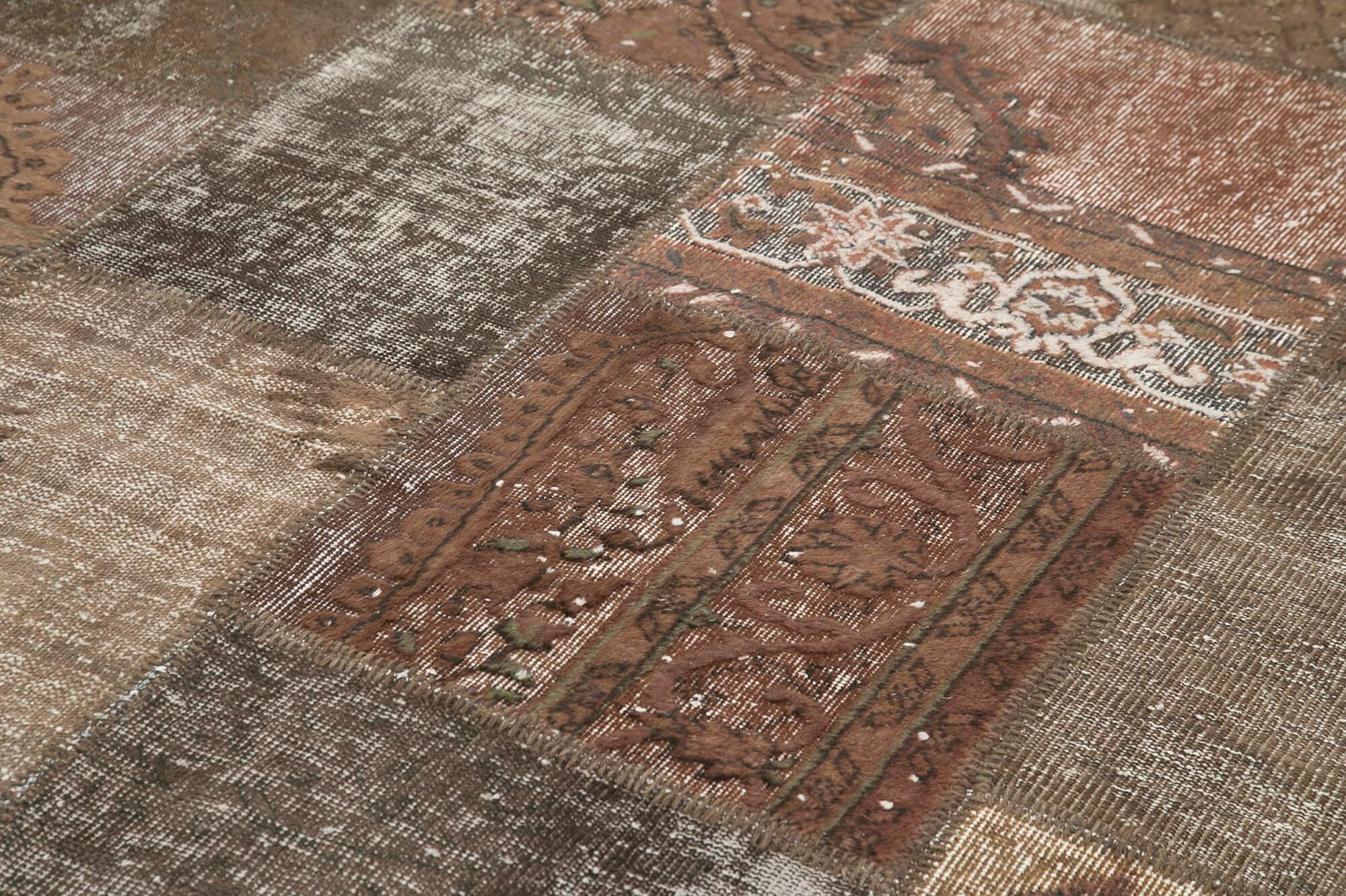 Kırk Yama Kahverengi Patchwork Pamuk Yün El Dokuma Halısı 198x302 Agacan