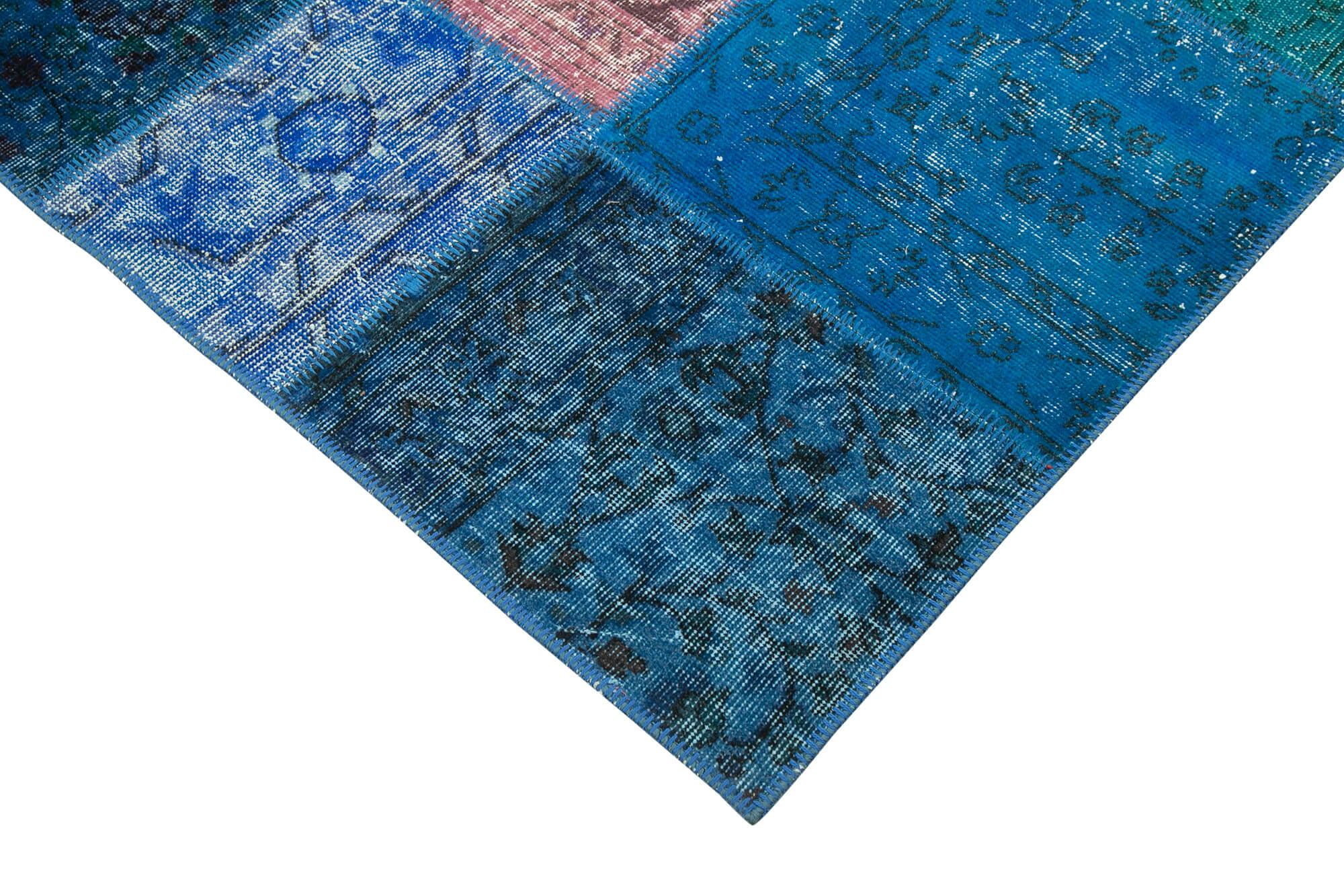 Kırk Yama Mavi Patchwork Pamuk Yün El Dokuma Halısı 204x300 Agacan