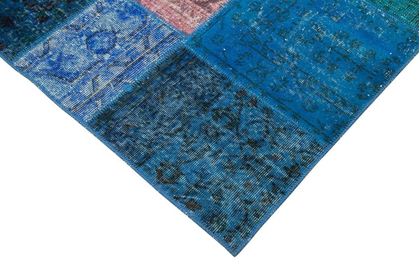 Kırk Yama Mavi Patchwork Pamuk Yün El Dokuma Halısı 204x300 Agacan