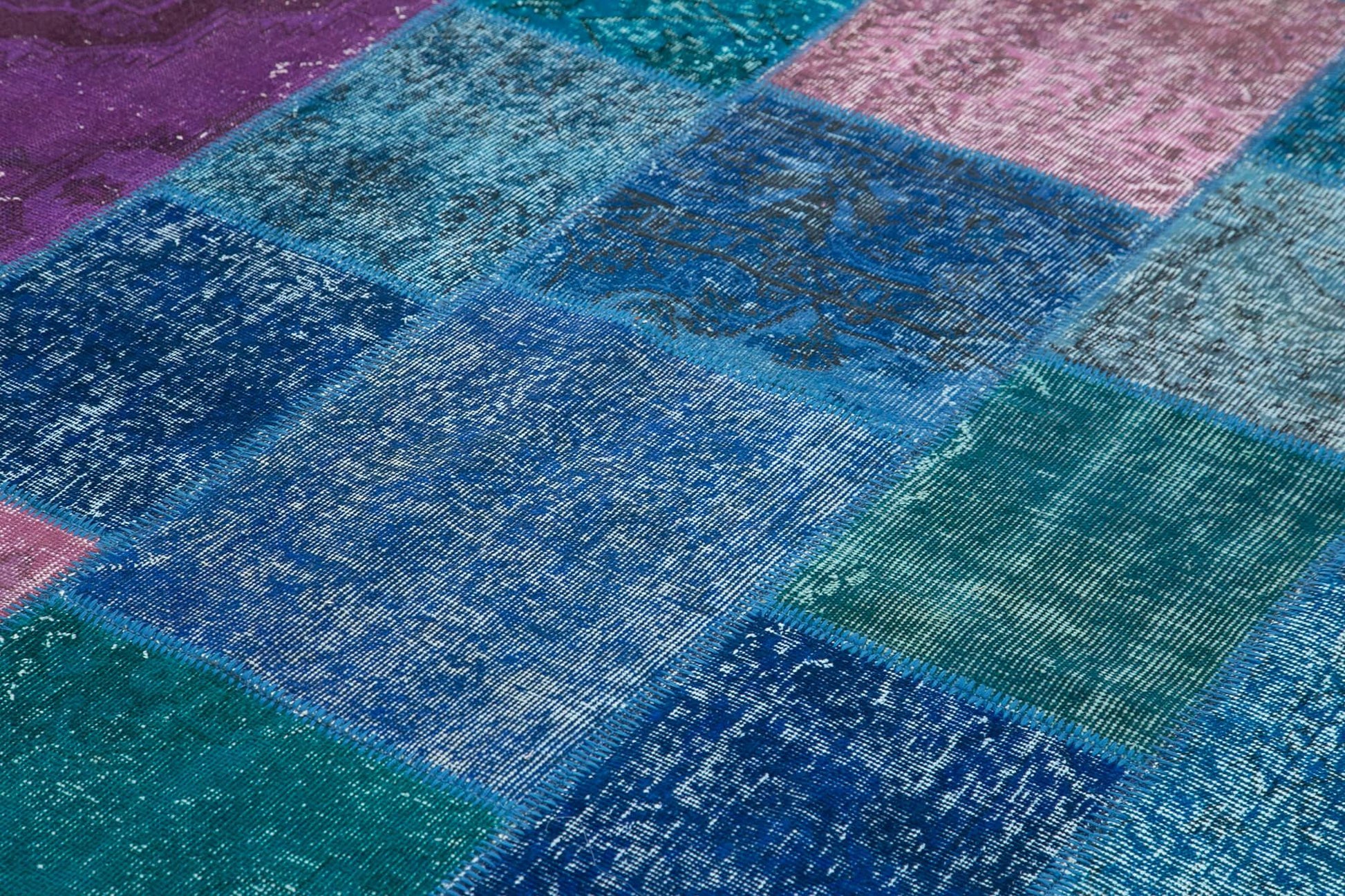 Kırk Yama Mavi Patchwork Pamuk Yün El Dokuma Halısı 204x300 Agacan