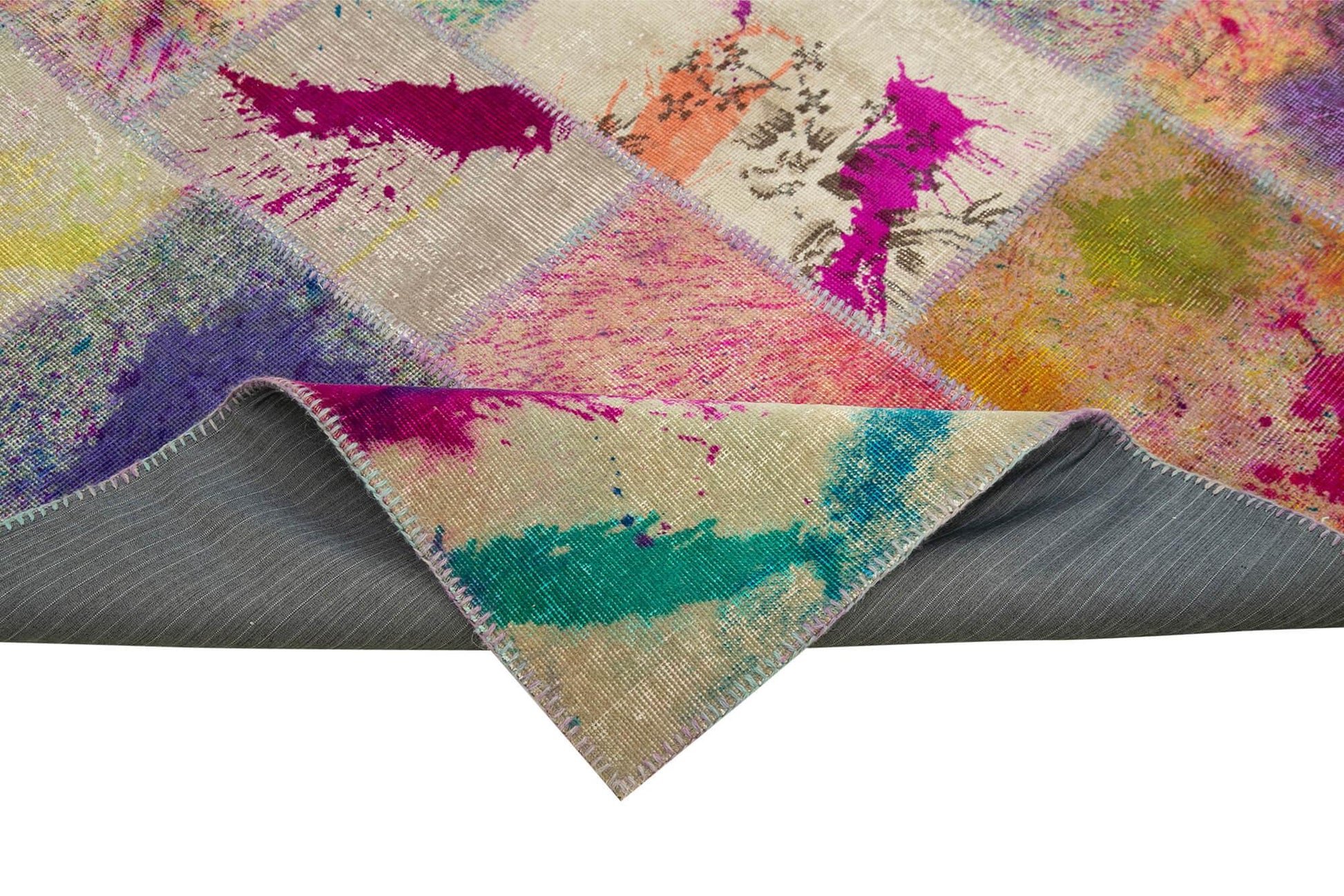 Kırk Yama Gri Patchwork Pamuk Yün El Dokuma Halısı 206x305 Agacan