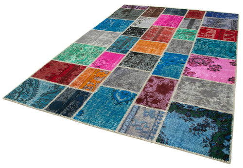 Kırk Yama Mavi Patchwork Pamuk Yün El Dokuma Halısı 204x304 Agacan