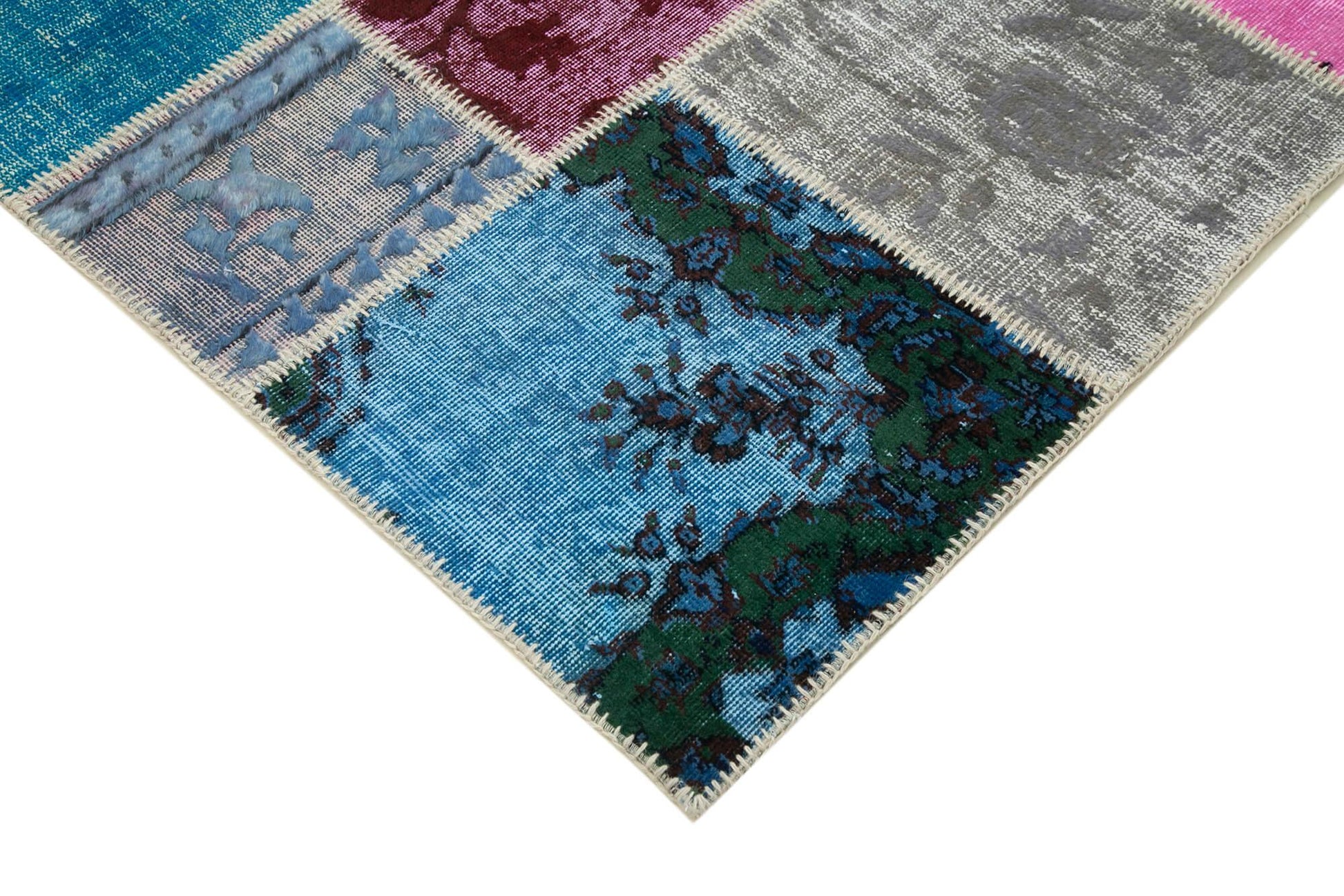 Kırk Yama Mavi Patchwork Pamuk Yün El Dokuma Halısı 204x304 Agacan